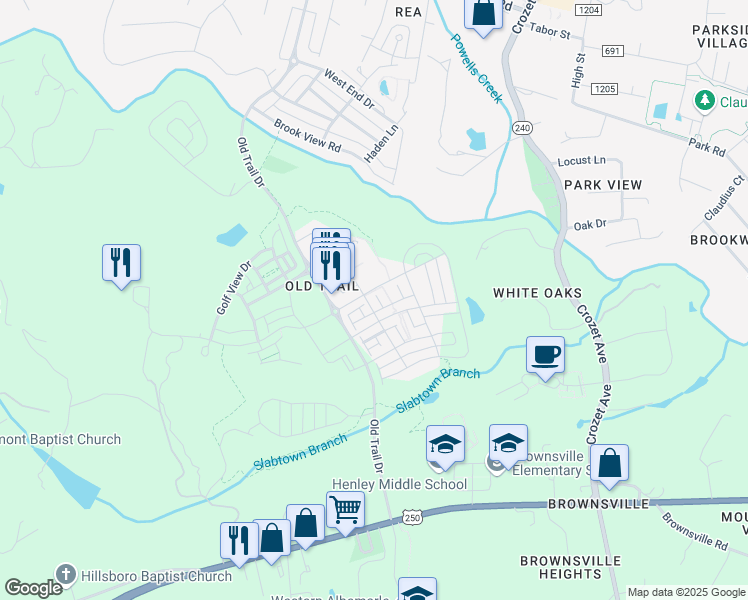 map of restaurants, bars, coffee shops, grocery stores, and more near 282 Claremont Lane in Crozet