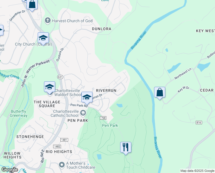 map of restaurants, bars, coffee shops, grocery stores, and more near 1272 Clifden Greene in Charlottesville