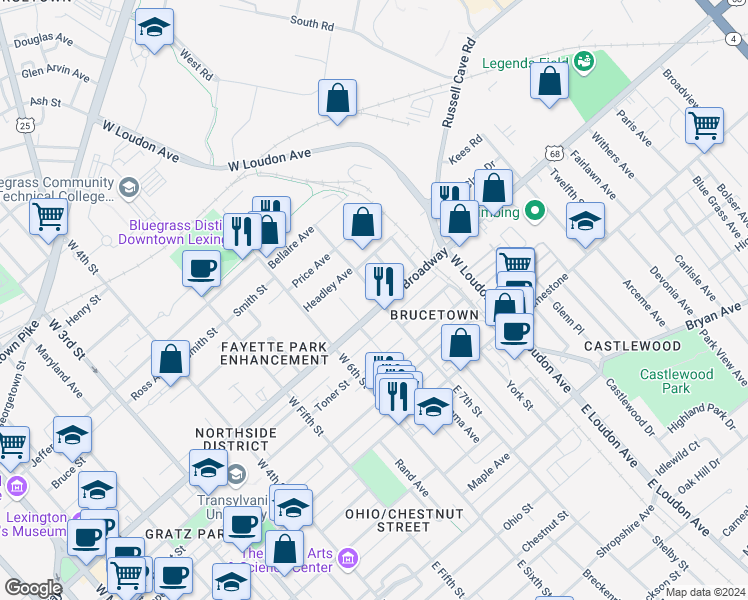 map of restaurants, bars, coffee shops, grocery stores, and more near 671 North Broadway in Lexington