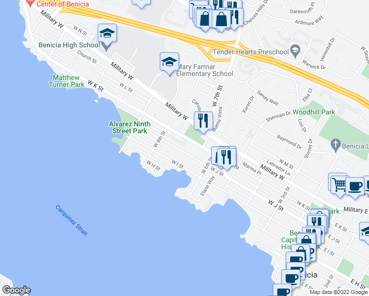 map of restaurants, bars, coffee shops, grocery stores, and more near 697 W J St in Benicia