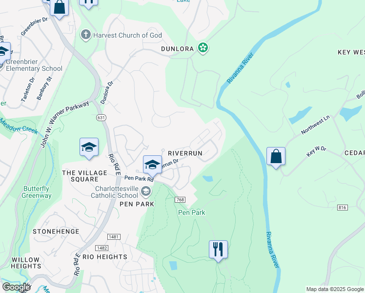 map of restaurants, bars, coffee shops, grocery stores, and more near 1274 Clifden Greene in Charlottesville