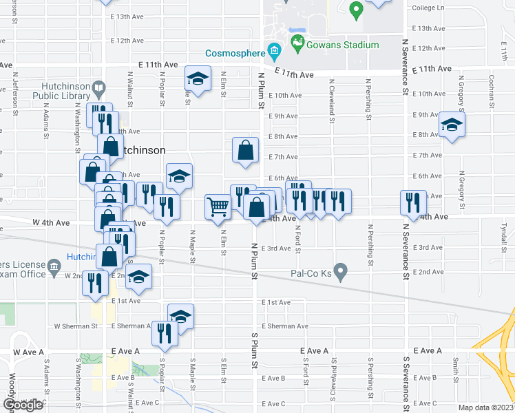 map of restaurants, bars, coffee shops, grocery stores, and more near 423 North Plum Street in Hutchinson