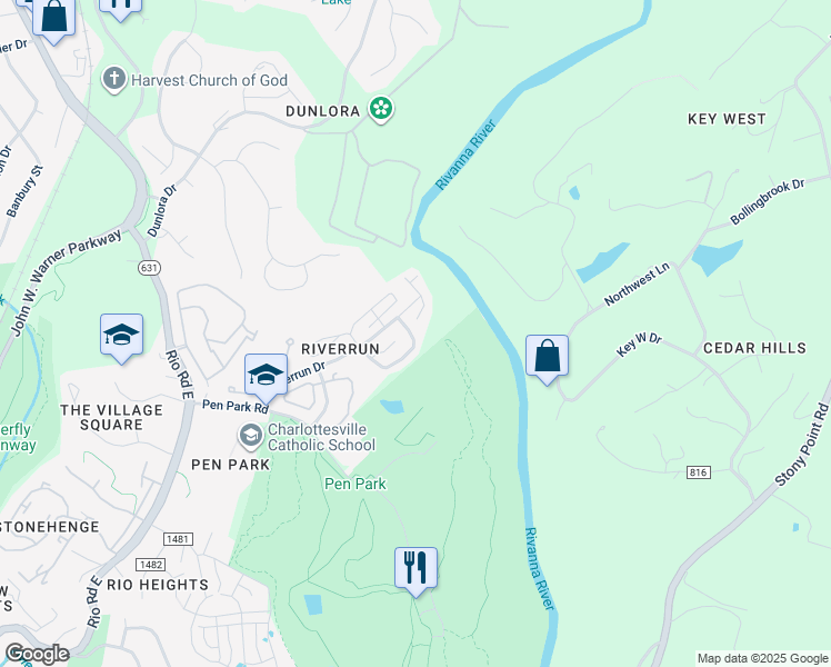 map of restaurants, bars, coffee shops, grocery stores, and more near 1373 Wimbledon Way in Charlottesville
