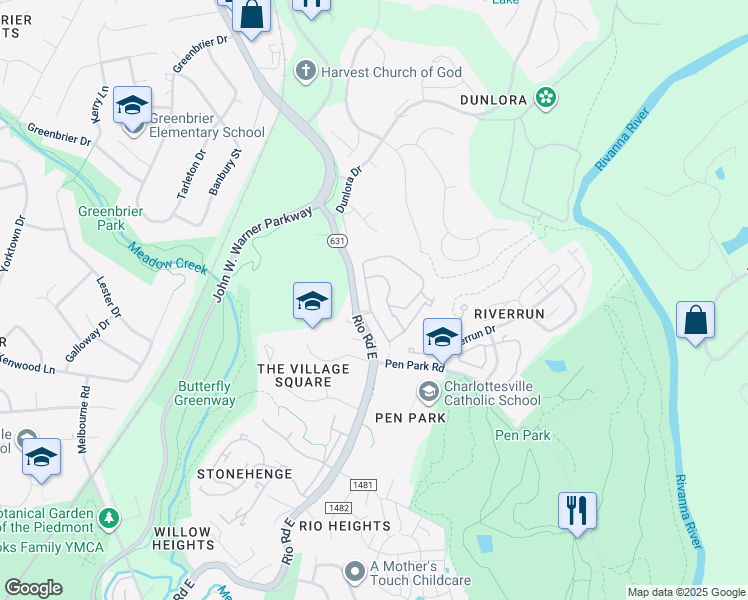 map of restaurants, bars, coffee shops, grocery stores, and more near 1608 Sawgrass Court in Charlottesville