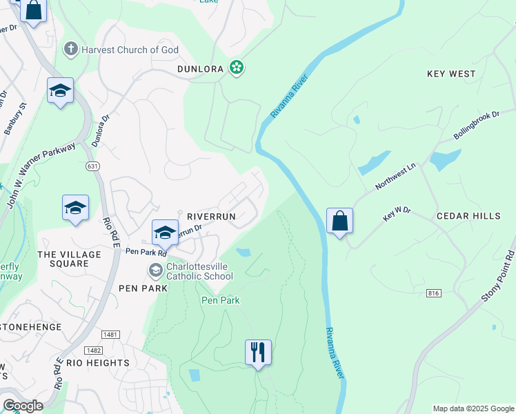 map of restaurants, bars, coffee shops, grocery stores, and more near 1373 Wimbledon Way in Charlottesville