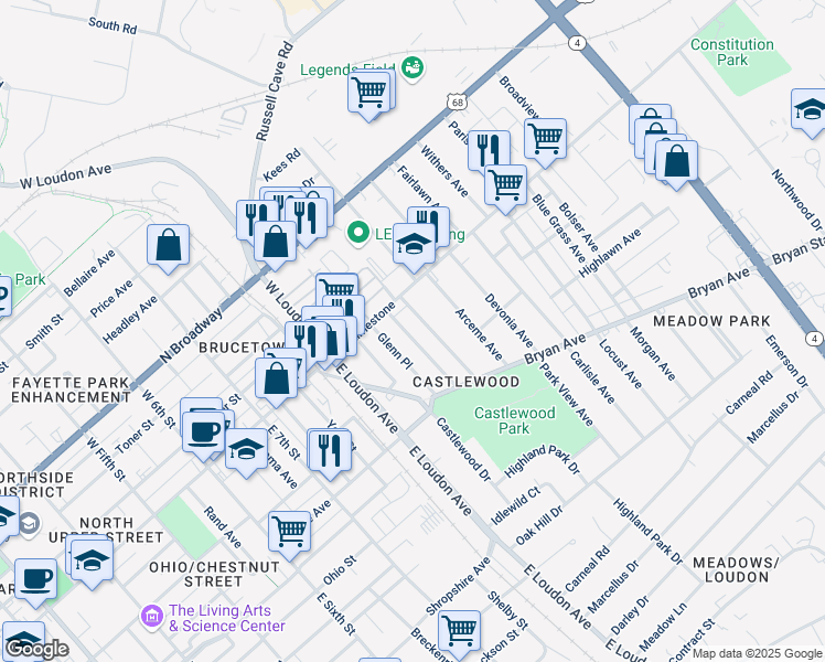 map of restaurants, bars, coffee shops, grocery stores, and more near 127 Burnett Avenue in Lexington