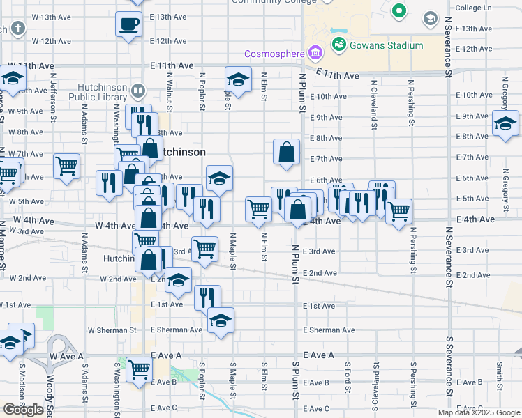 map of restaurants, bars, coffee shops, grocery stores, and more near 411 North Elm Street in Hutchinson