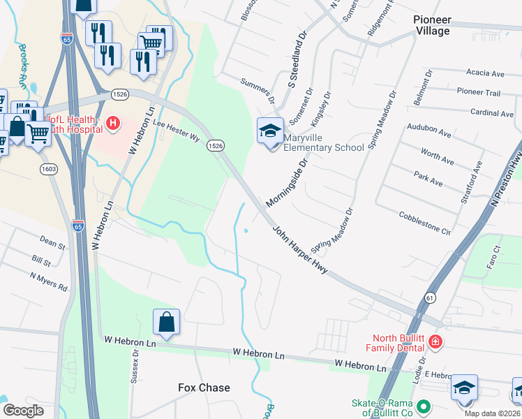 map of restaurants, bars, coffee shops, grocery stores, and more near 12080 Morningside Drive in Louisville