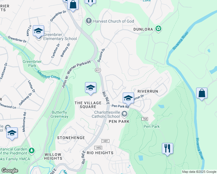 map of restaurants, bars, coffee shops, grocery stores, and more near 1608 Sawgrass Court in Charlottesville