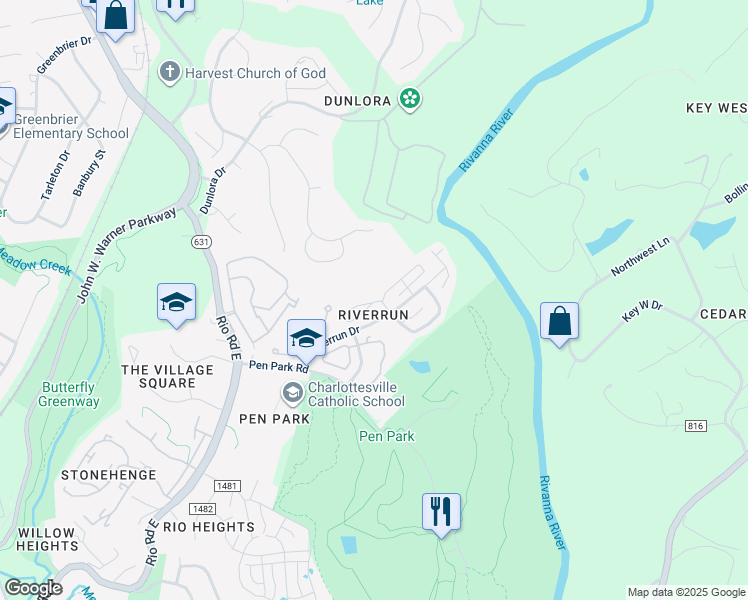 map of restaurants, bars, coffee shops, grocery stores, and more near 1284 Clifden Green in Charlottesville
