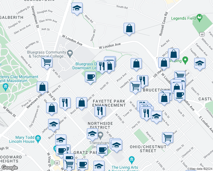 map of restaurants, bars, coffee shops, grocery stores, and more near 550 Smith Street in Lexington