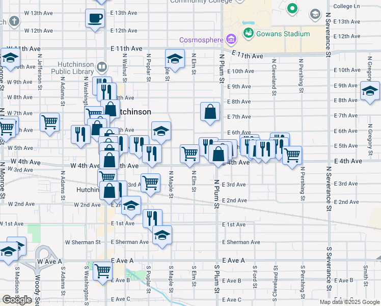 map of restaurants, bars, coffee shops, grocery stores, and more near 411 North Elm Street in Hutchinson