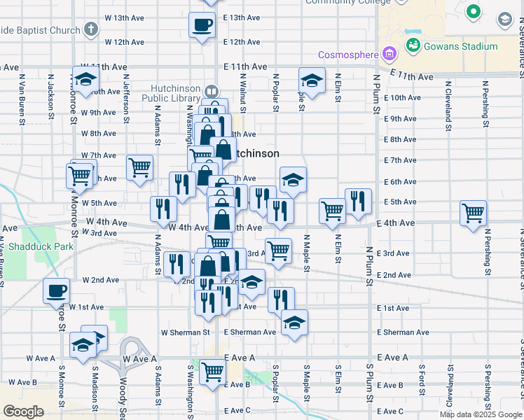 map of restaurants, bars, coffee shops, grocery stores, and more near 117 East 5th Avenue in Hutchinson