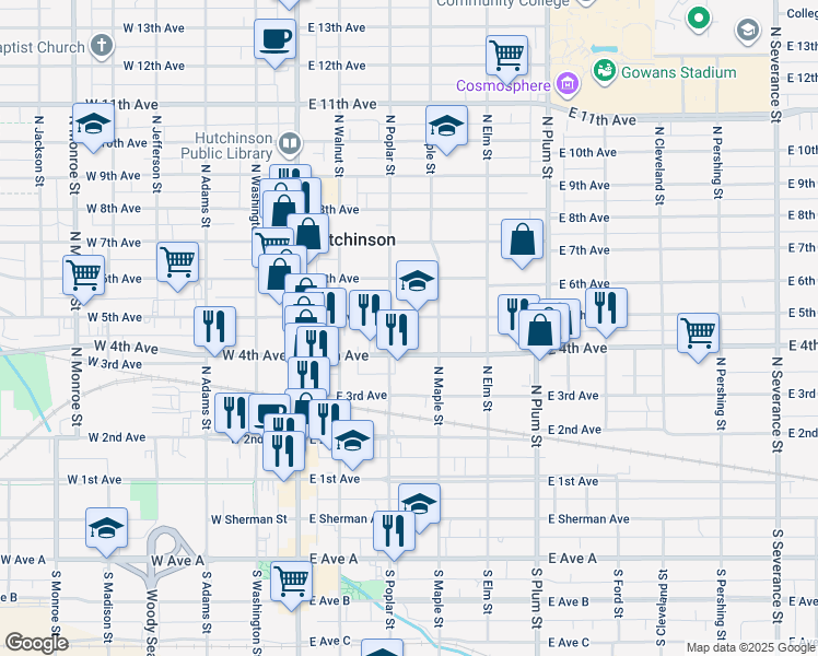 map of restaurants, bars, coffee shops, grocery stores, and more near 211 East 5th Avenue in Hutchinson