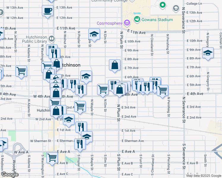 map of restaurants, bars, coffee shops, grocery stores, and more near 423 East 5th Avenue in Hutchinson