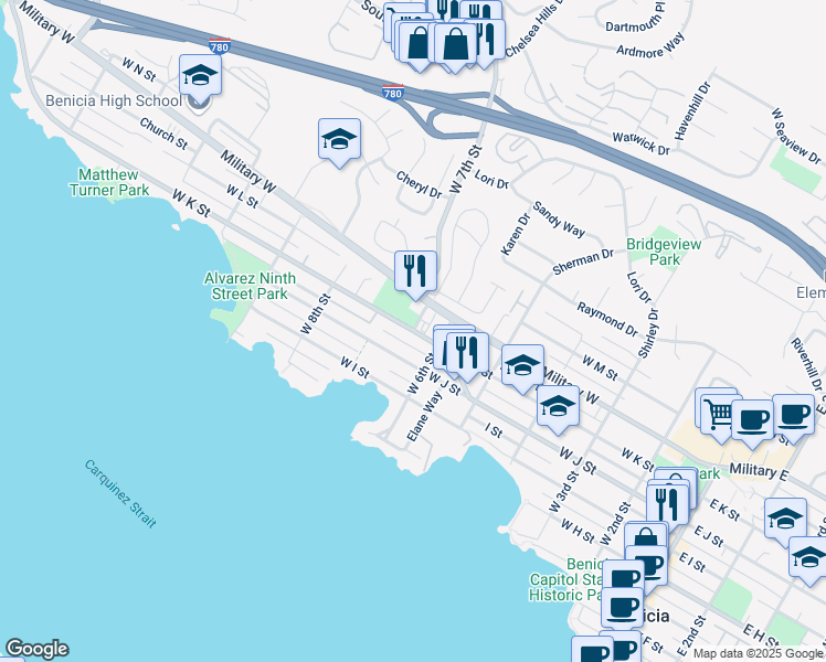 map of restaurants, bars, coffee shops, grocery stores, and more near West 7th Street & West K Street in Benicia