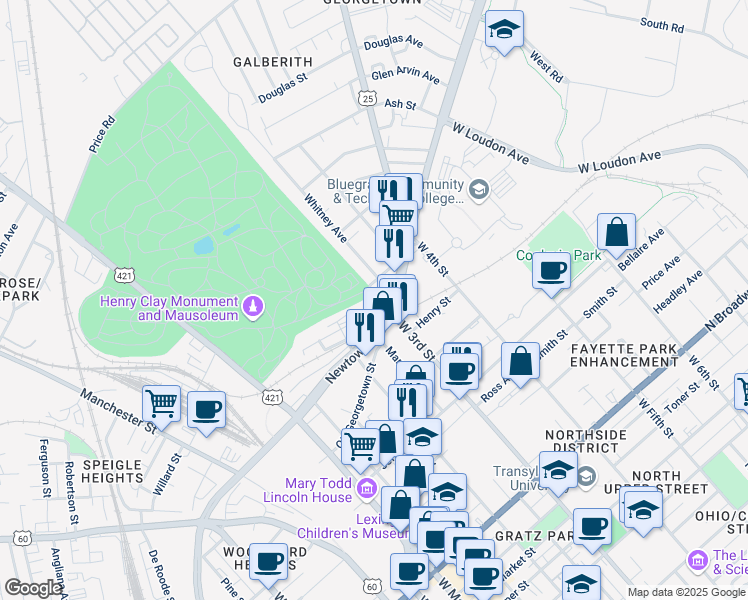 map of restaurants, bars, coffee shops, grocery stores, and more near 714 West 3rd Street in Lexington