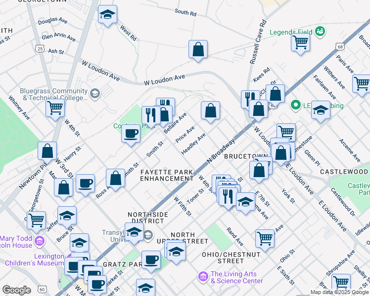 map of restaurants, bars, coffee shops, grocery stores, and more near 615 Headley Avenue in Lexington