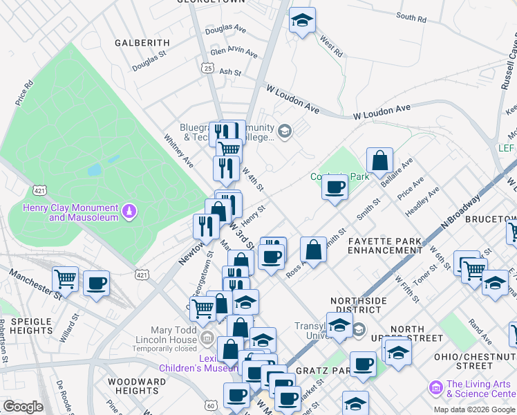 map of restaurants, bars, coffee shops, grocery stores, and more near 341 Henry Street in Lexington