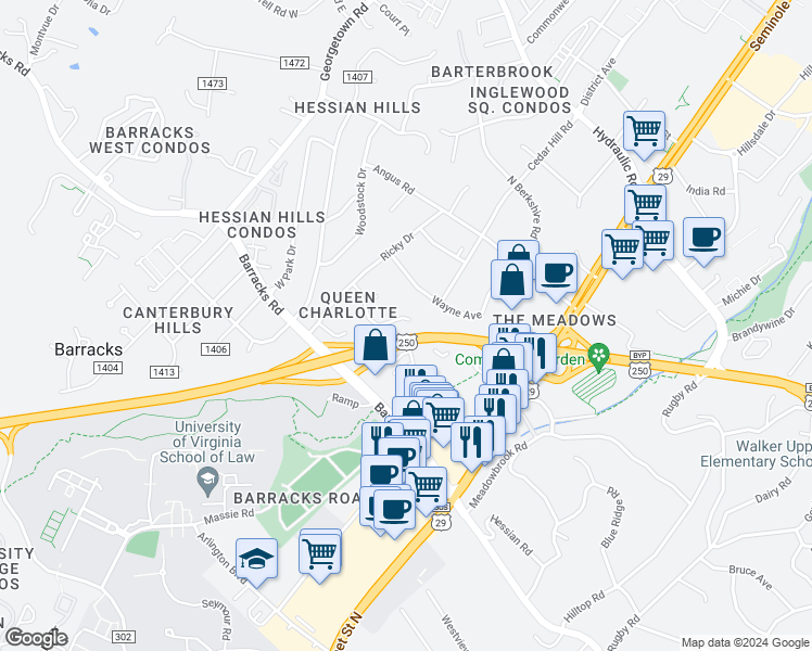 map of restaurants, bars, coffee shops, grocery stores, and more near 124 Middlesex Drive in Charlottesville