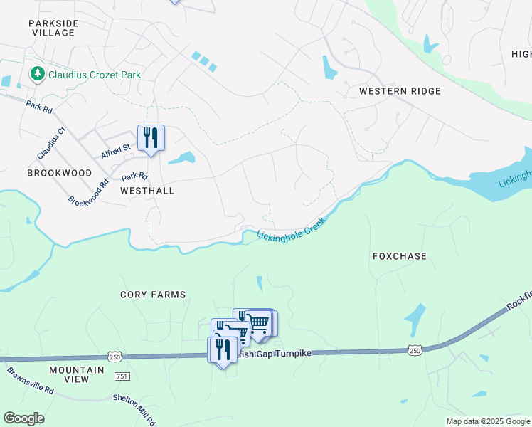 map of restaurants, bars, coffee shops, grocery stores, and more near 768 Concho Lane in Crozet
