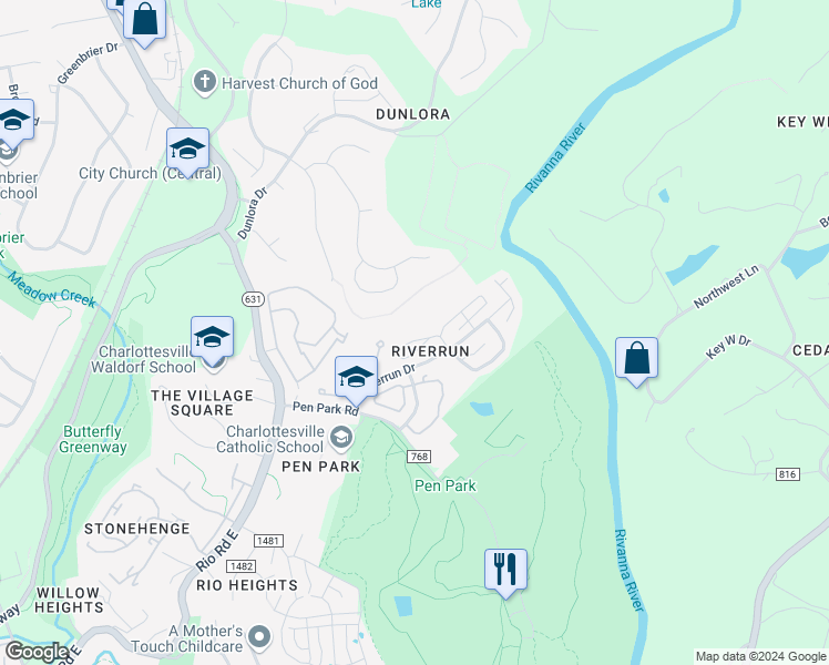 map of restaurants, bars, coffee shops, grocery stores, and more near 1250 Clifden Green in Charlottesville