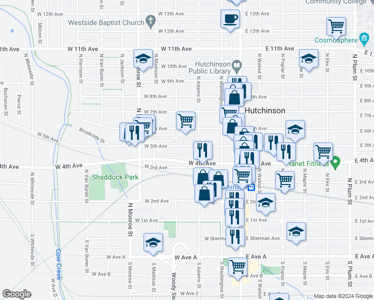 map of restaurants, bars, coffee shops, grocery stores, and more near 215 West 5th Avenue in Hutchinson