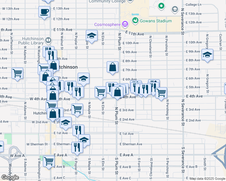 map of restaurants, bars, coffee shops, grocery stores, and more near 423 East 5th Avenue in Hutchinson