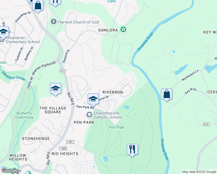 map of restaurants, bars, coffee shops, grocery stores, and more near 1250 Clifden Green in Charlottesville