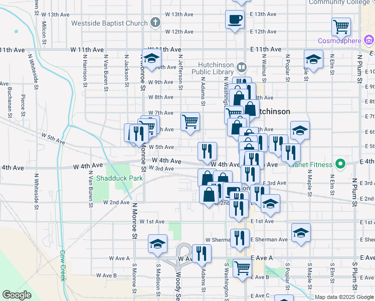 map of restaurants, bars, coffee shops, grocery stores, and more near 229 West 5th Avenue in Hutchinson