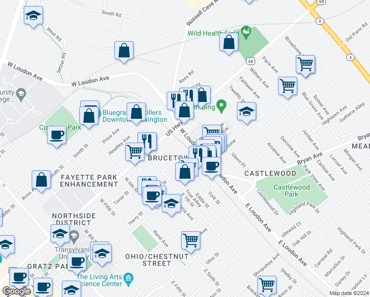 map of restaurants, bars, coffee shops, grocery stores, and more near 777 Florida Street in Lexington