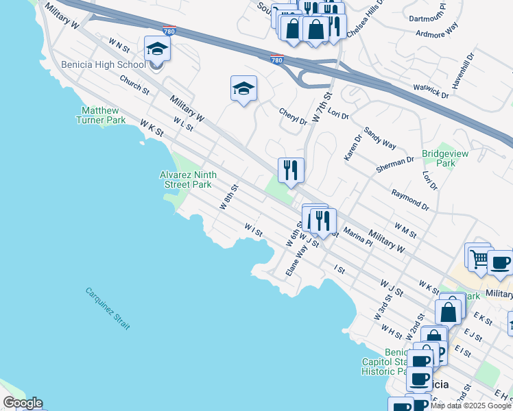map of restaurants, bars, coffee shops, grocery stores, and more near 697 West J Street in Benicia