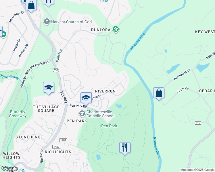 map of restaurants, bars, coffee shops, grocery stores, and more near 1270 Clifden Greene in Charlottesville