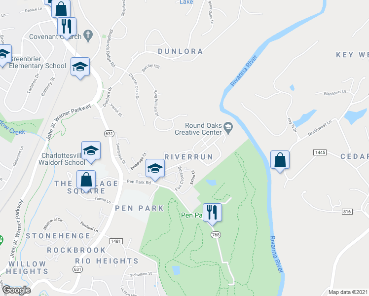 map of restaurants, bars, coffee shops, grocery stores, and more near 1297 Clifden Green in Charlottesville