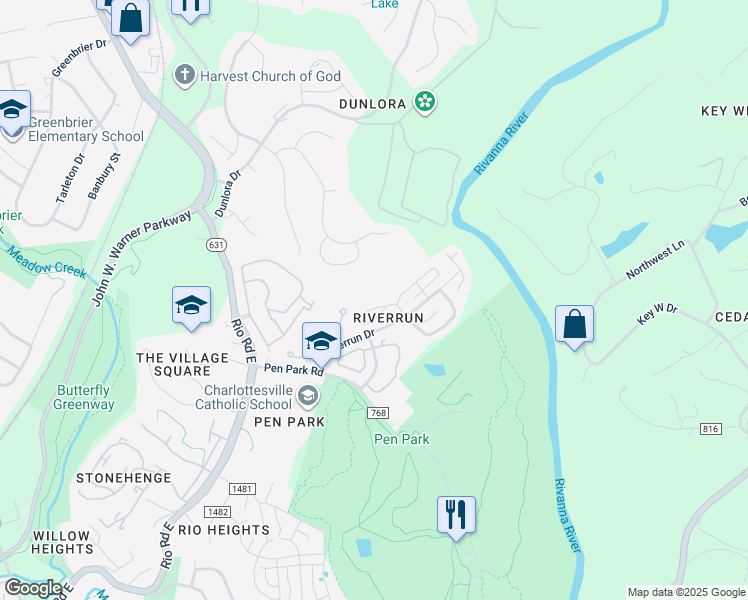 map of restaurants, bars, coffee shops, grocery stores, and more near 1297 Clifden Green in Charlottesville
