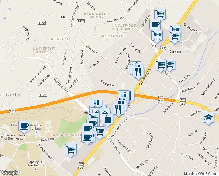 map of restaurants, bars, coffee shops, grocery stores, and more near 2216 Wayne Avenue in Charlottesville