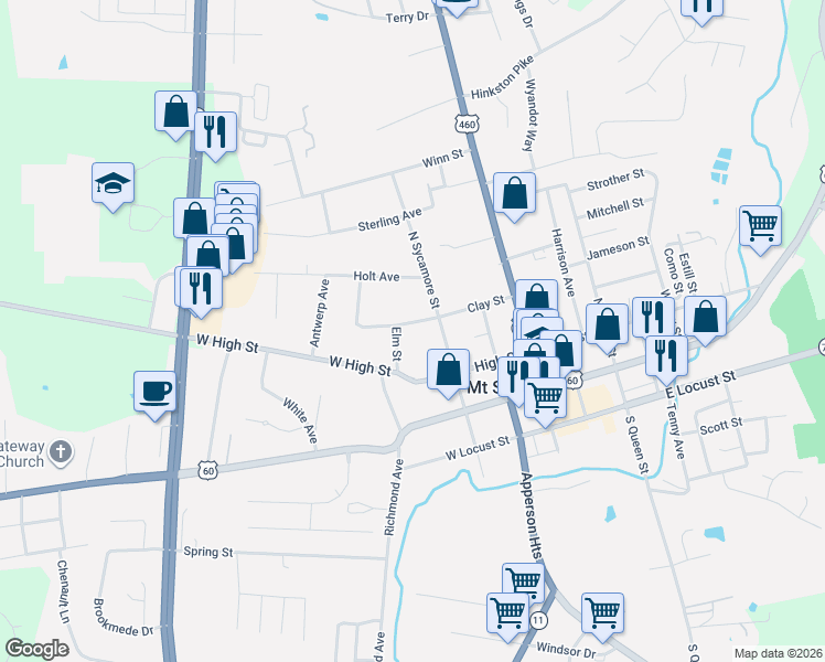 map of restaurants, bars, coffee shops, grocery stores, and more near 123 Elm Street in Mount Sterling