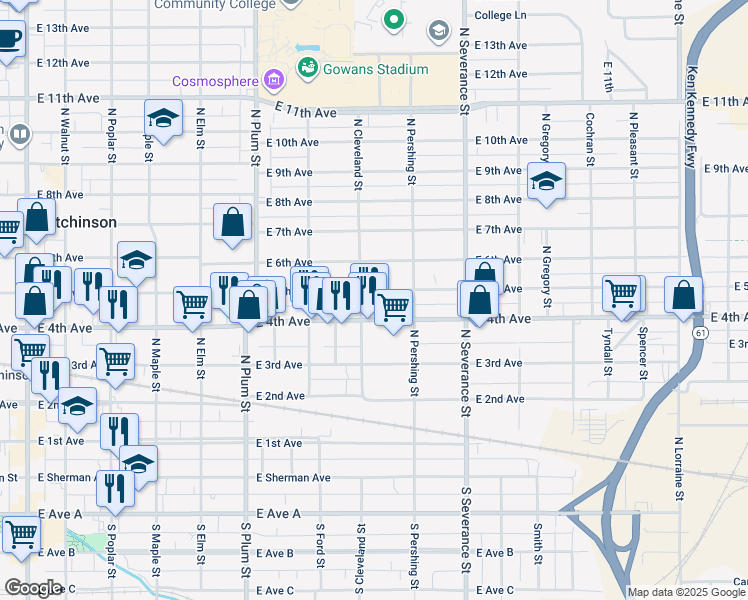 map of restaurants, bars, coffee shops, grocery stores, and more near 711 East 5th Avenue in Hutchinson