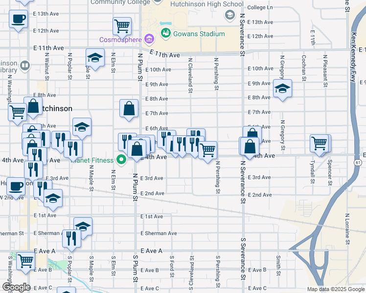 map of restaurants, bars, coffee shops, grocery stores, and more near 628 East 4th Avenue in Hutchinson