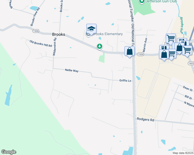 map of restaurants, bars, coffee shops, grocery stores, and more near 315 Griffis Lane in Brooks
