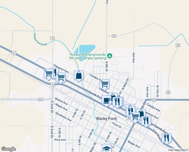 map of restaurants, bars, coffee shops, grocery stores, and more near 601 Catalpa Avenue in Rocky Ford