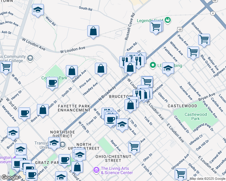 map of restaurants, bars, coffee shops, grocery stores, and more near 724 North Broadway in Lexington