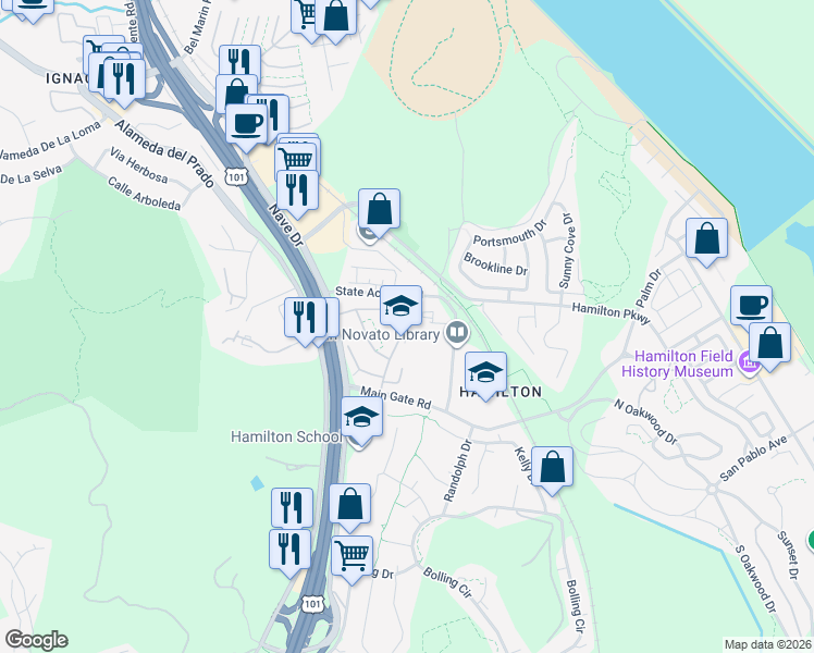 map of restaurants, bars, coffee shops, grocery stores, and more near 88 Martin Drive in Novato
