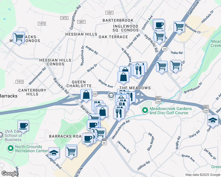 map of restaurants, bars, coffee shops, grocery stores, and more near 2218 Wayne Avenue in Charlottesville