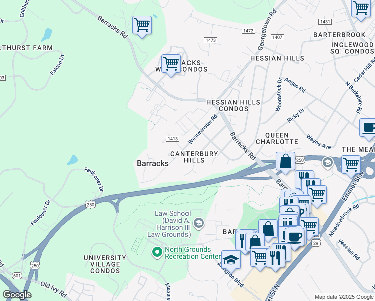 map of restaurants, bars, coffee shops, grocery stores, and more near 210 Westminster Road in Charlottesville