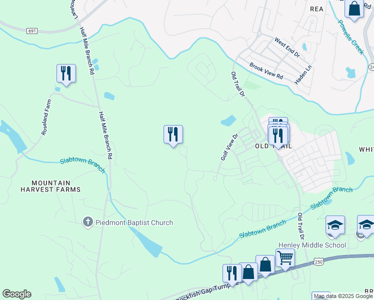 map of restaurants, bars, coffee shops, grocery stores, and more near 5830 Golf Drive in Crozet
