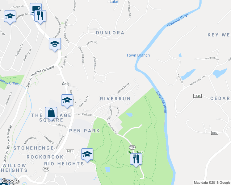 map of restaurants, bars, coffee shops, grocery stores, and more near 1282 Clifden Green in Charlottesville