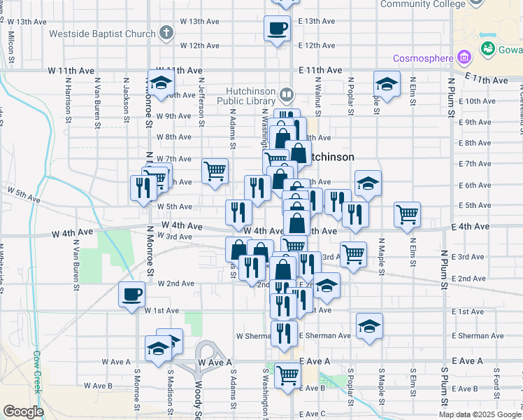 map of restaurants, bars, coffee shops, grocery stores, and more near 451 North Washington Street in Hutchinson