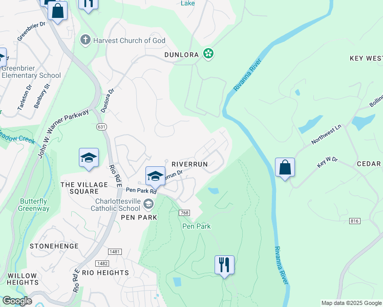 map of restaurants, bars, coffee shops, grocery stores, and more near 1280 Clifden Greene in Charlottesville