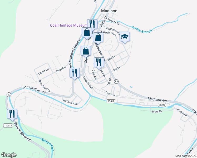 map of restaurants, bars, coffee shops, grocery stores, and more near 463 Kanawha Avenue in Madison